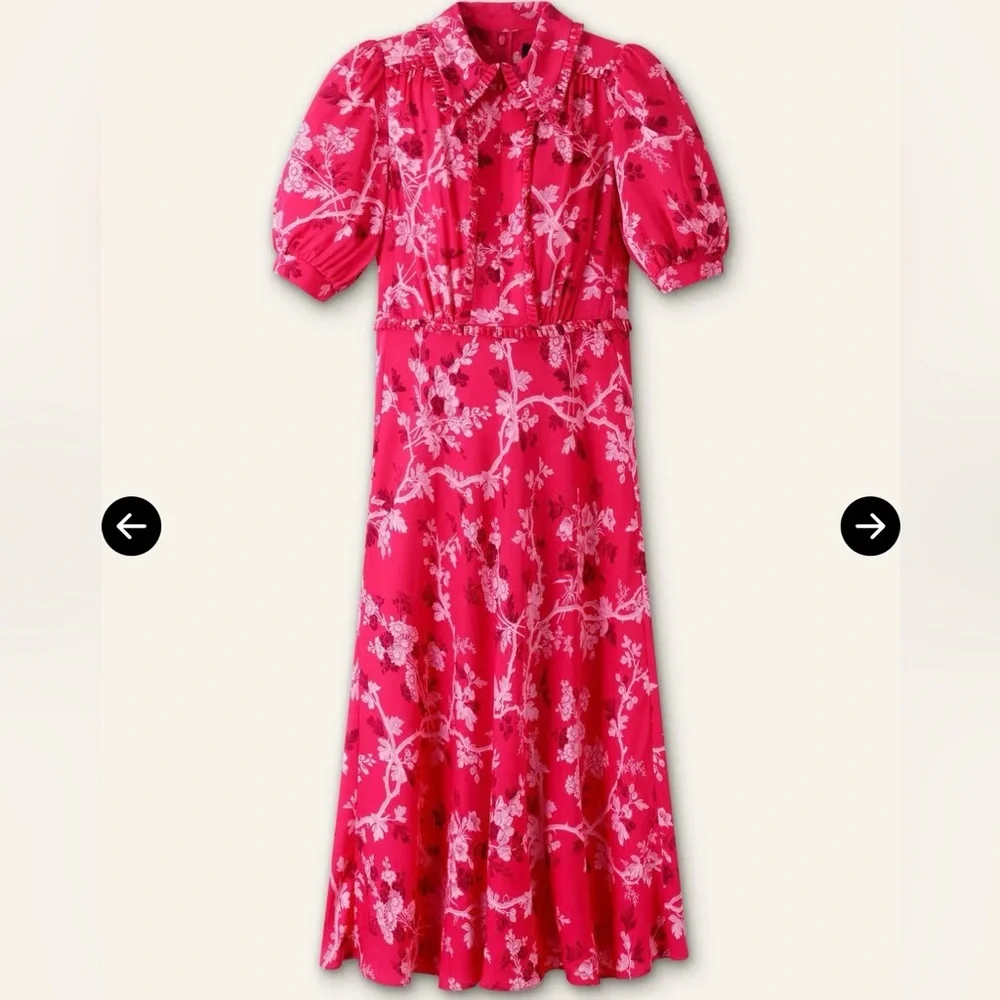 ME+EM 2 Modern Botanical Print Midi Dress Raspberry Red EUC Floral Short Sleeve - Picture 6 of 16